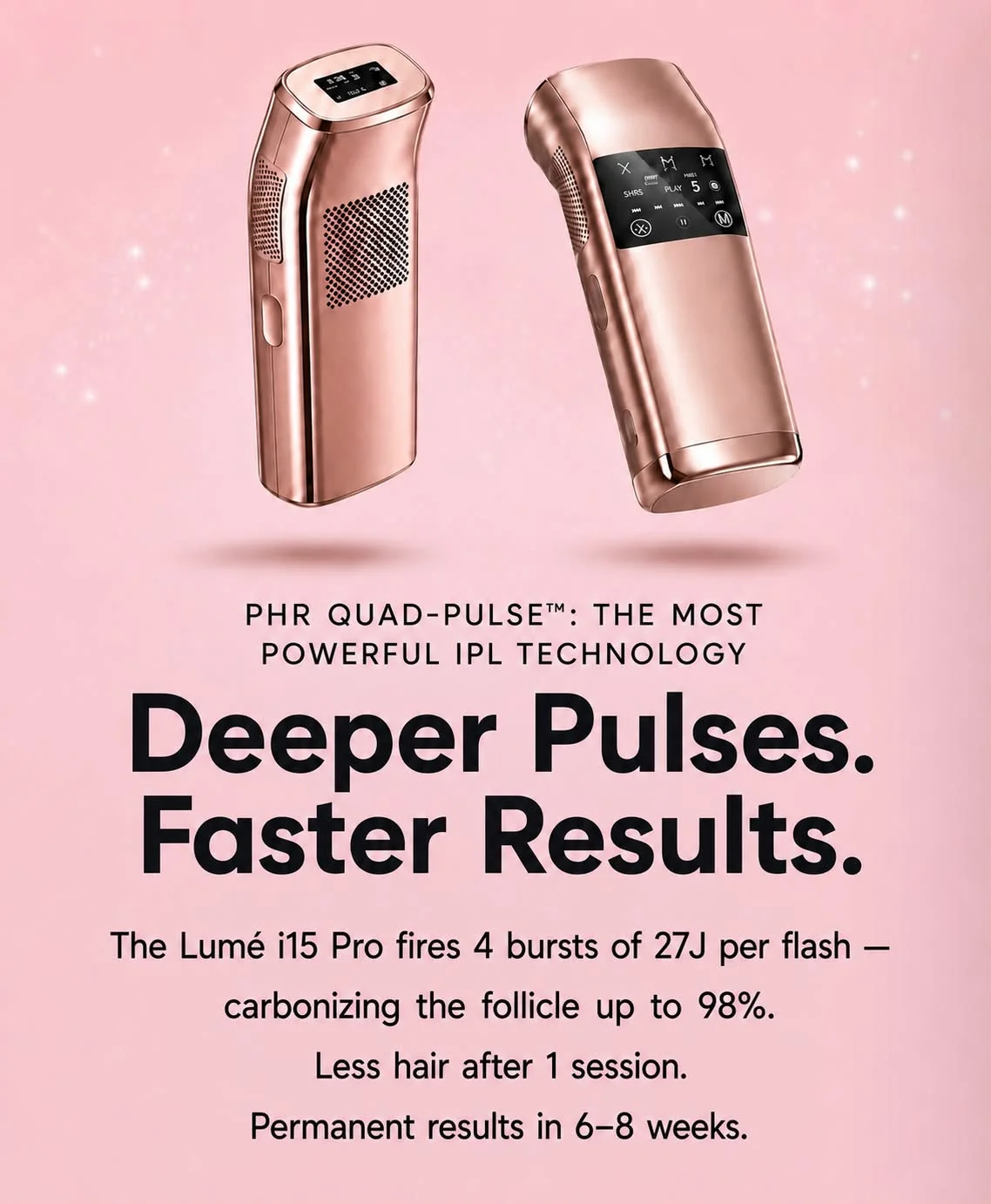 Deeper Pulses. Faster Results. PHR Quad-Pulse technology — 4 bursts of 27J energy per flash, carbonizing follicle up to 98%, permanent reduction in 6–8 weeks